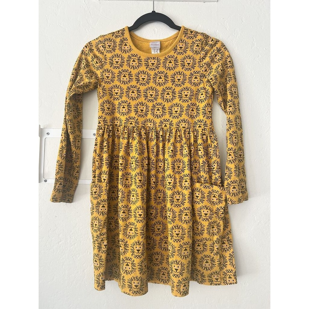 Hanna Andersson Kids Yellow Lion Print Long Sleeve Cotton Dress Size 130 8-10